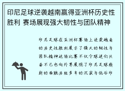 印尼足球逆袭越南赢得亚洲杯历史性胜利 赛场展现强大韧性与团队精神