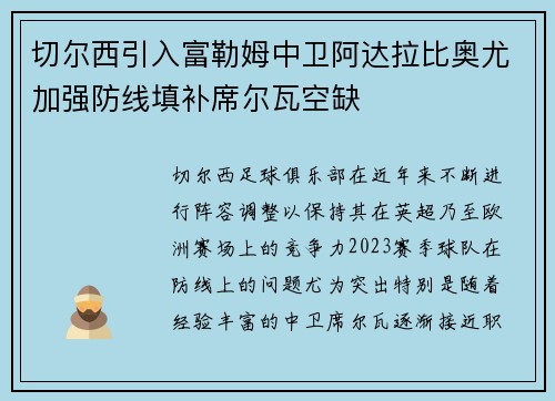 切尔西引入富勒姆中卫阿达拉比奥尤加强防线填补席尔瓦空缺